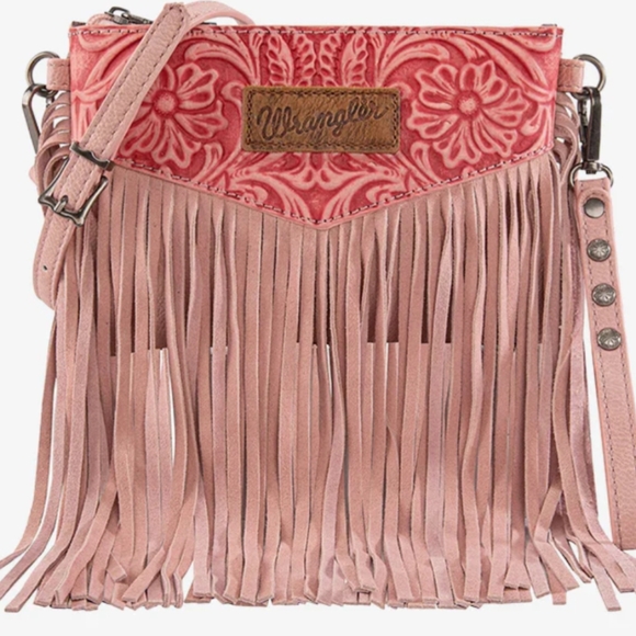 Wrangler Handbags - New Wrangler Boho Fringe Clutch Crossbody Shoulder Bag- Western - Peach/Pink
